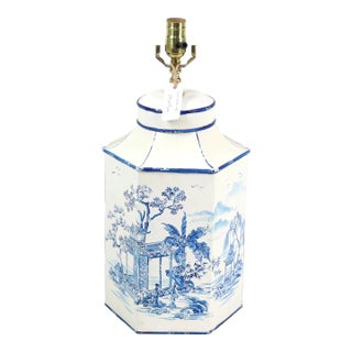 Vintage Blue and White Hand-Painted Chinoiserie Hexagonal Tea Can Table Lamp For Sale