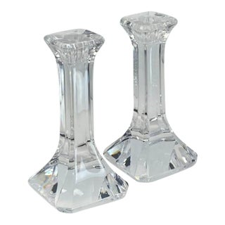 Pair of Orrefors Crystal “Regina” Candlesticks (Tall 7 5/8”) Signed by Olle Alberius (4536-65 Vintage 1990s, Sweden) For Sale