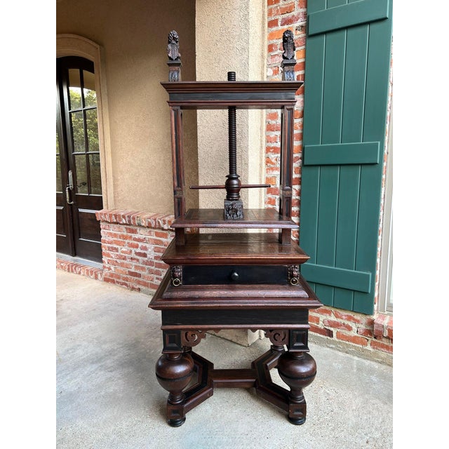 Antique English Book Press Table Renaissance Carved Oak Ebonized Cabinet C1880 For Sale - Image 4 of 18