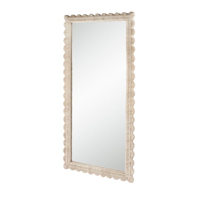 2020s Flora 32 in. W x 69.5 in. H Rectangular Scalloped Rattan Floor Mirror, Off-White For Sale - Image 5 of 8
