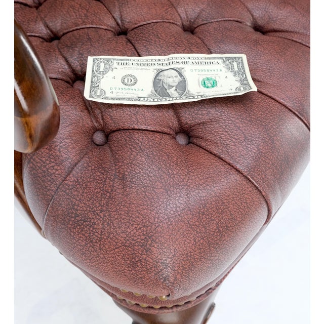 Pair Burgundy Leather Queen Anne Tufted Upholstery Walnut Armchairs MINT For Sale - Image 14 of 17
