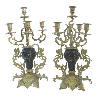 Antique Floral Cloisonne Gold Gilt Brass Figural Medallion Candelabras - a Pair For Sale
