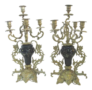 Antique Floral Cloisonne Gold Gilt Brass Figural Medallion Candelabras - a Pair