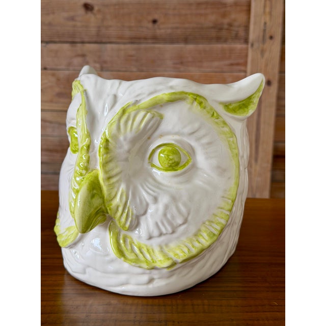 Ceramic Vintage Glazed Ceramic Owl Planter Cachepot in White and Lime Green For Sale - Image 7 of 11