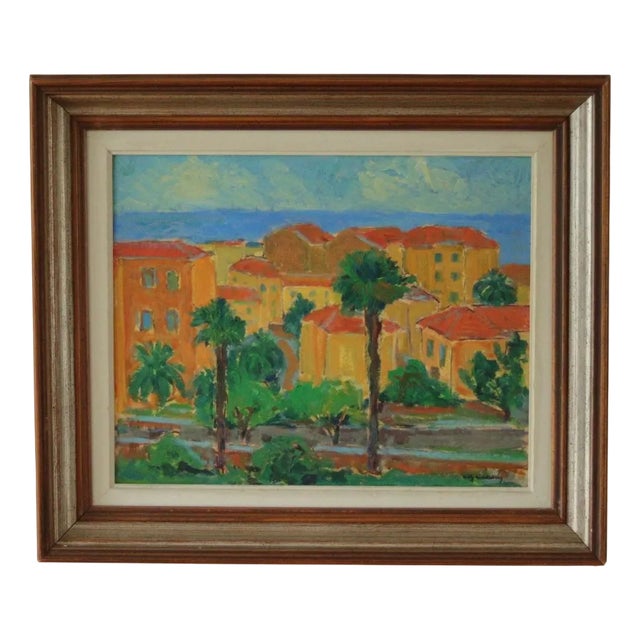Willy Lindeberg, Coastal Town, 1960s, Oil on Panel For Sale