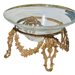 Vintage Large Art Glass Bowl Tazza Centerpiece Bowl in Brass Stand