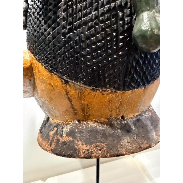 Yellow Large Wood Sculpture Yoruba Gẹ̀lẹ̀dẹ́ Helmet Mask on Display Stand For Sale - Image 8 of 16