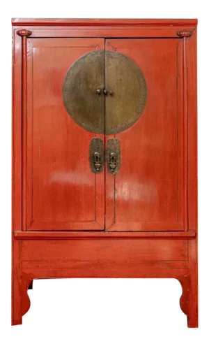 19th Century Antique Chinese Red Lacquered Ming Style Wedding Cabinet