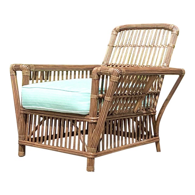 Vintage Coastal Palecek President’s Stick Rattan Lounge Chair For Sale