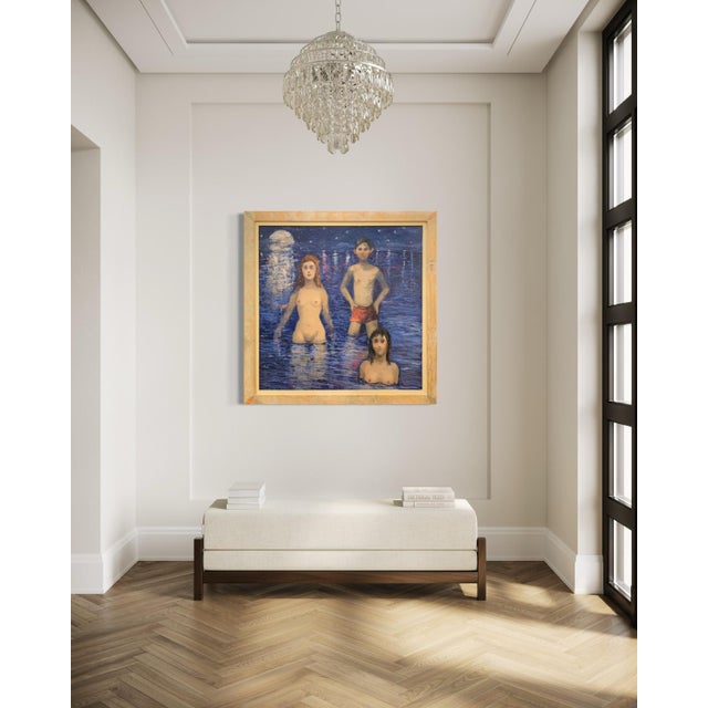 Giampaolo Talani "The Bay With Full Moon" Oil on Board, Large Figurative Nocturne, Tuscan Coastal Art, Contemporary Art by Italian Master, 2000 For Sale - Image 9 of 12