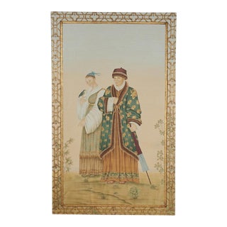 Large Oriental Style Painting of Figures in a Garden For Sale