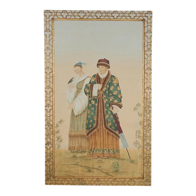 Large Oriental Style Painting of Figures in a Garden For Sale