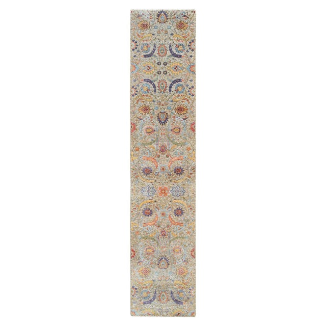2010s Tan, Sickle Leaf Design, Silk With Textured Wool Hand Knotted, Runner Oriental Rug For Sale - Image 9 of 9