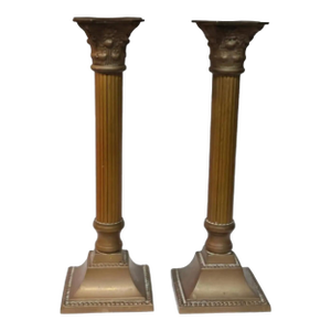 Vintage Patinated Neoclassical Corinthian Fluted Column Candlesticks - a Pair