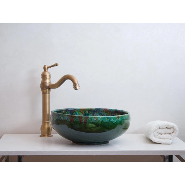Ceramic Handmade Green Ceramic Round Bathroom Sink - TerraFez For Sale - Image 7 of 11