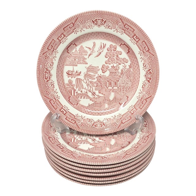 Vintage Mid-Century Modern Churchill Willow English Cottage Rosa Pink 8" Salad Plates-Set of 8 For Sale