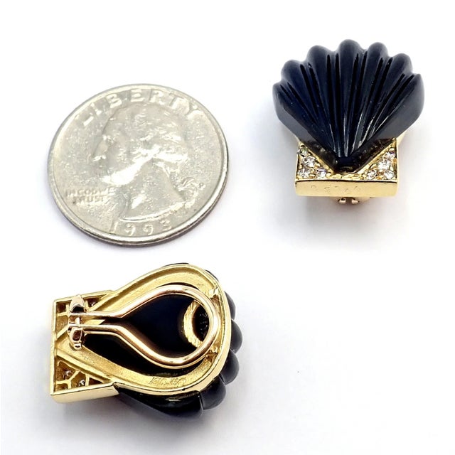Mid 20th Century Vintage Estate Cartier Yellow Gold Diamond Onyx Shell Earrings, Pair For Sale - Image 5 of 11
