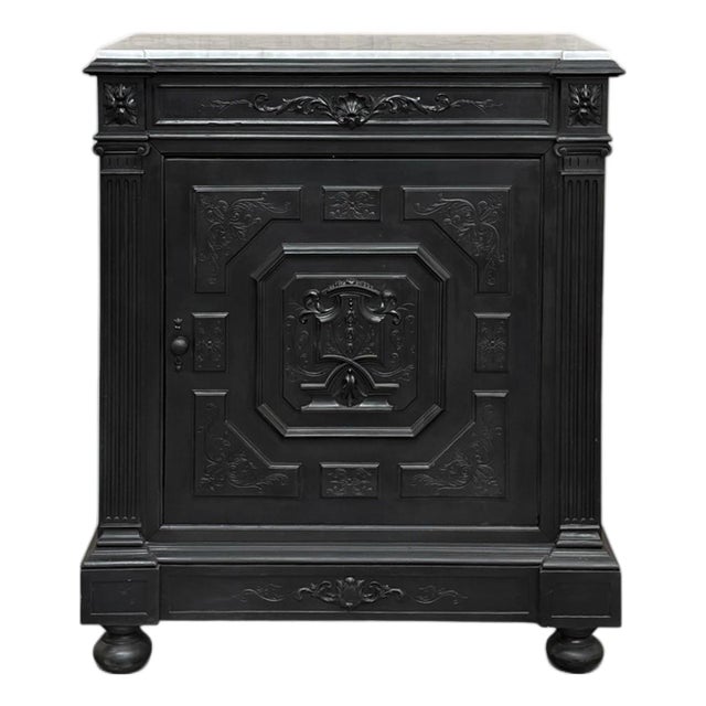 19th Century French Napoleon III Ebonized Neoclassical Cabinet With Carrara Marble For Sale