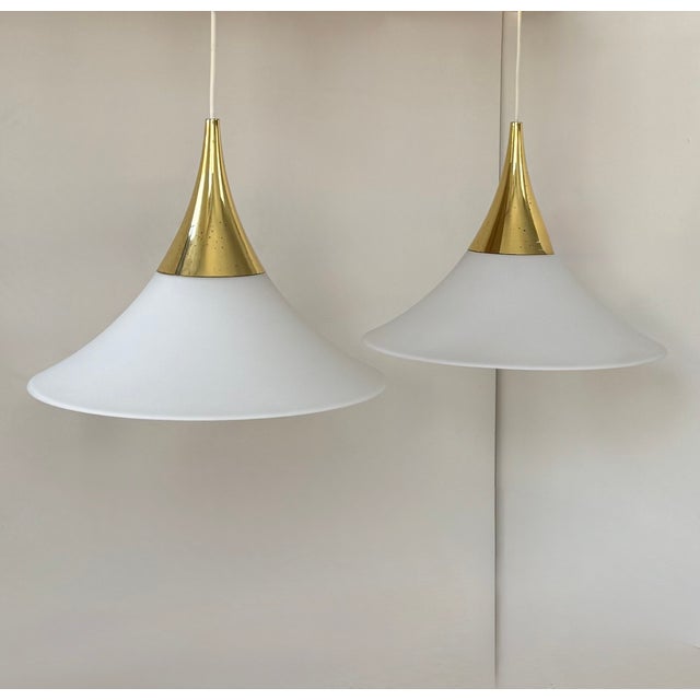 Brass and Opaline Glass Pendant Lights from Limburg, Germany, 1970s, Set of 2 For Sale - Image 4 of 11