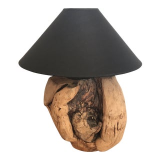 1950s Teak Root Ball Lamp With Black Linen Shade For Sale