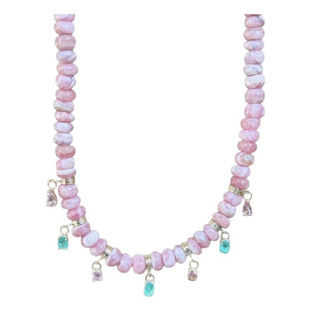 Rhodochrosite Rondelle Fringe Necklace With Pink Spinel, Emeralds & 14k Gold For Sale
