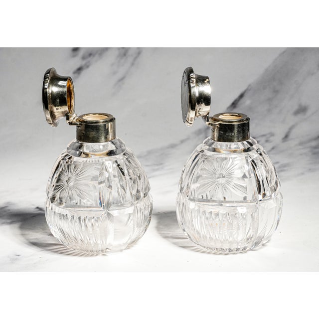 Silver Exceptional Pair Antique English Cut Crystal Perfume Bottles Sterling Silver & Blue Enamel Tops Edwardian Vanity Set Home Decor For Sale - Image 8 of 18