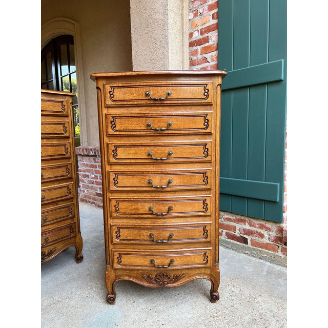 1950s Pair Vintage French Chests 7 Drawer Semainier Louis XV Style Carved Oak For Sale - Image 5 of 18