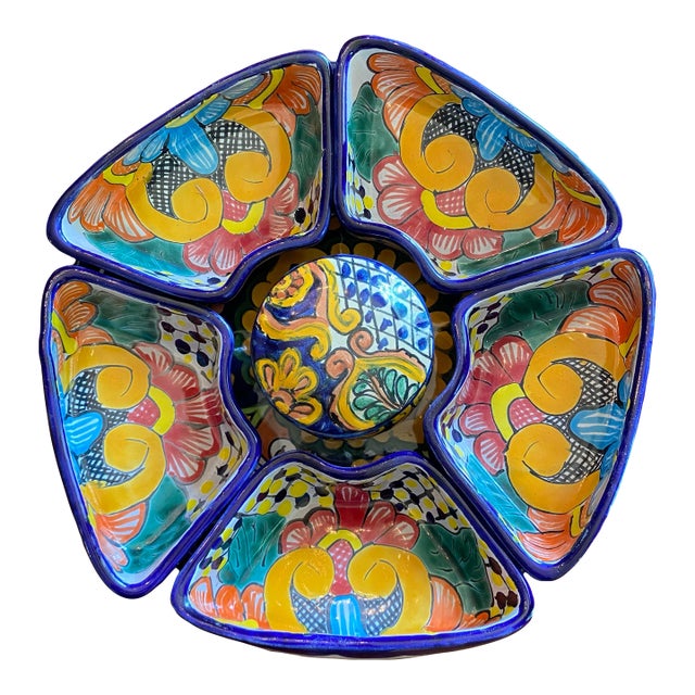 10”decorative Talavera Pottery Plate and 6 Piece Appetizer Tray Set - Group of 7 For Sale