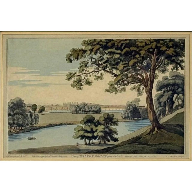 Antique 1793 Joseph Farington River Thames Hand-Colored Aquatint Walton Bridge Boydell This rare 1793 topographical print...
