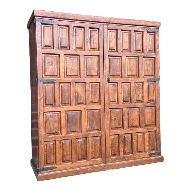 Belgian Brutalist Oak Cabinet W/ Wrought Iron Hinges – Paneled Doors, 62.75”h For Sale