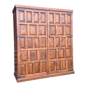 Belgian Brutalist Oak Cabinet W/ Wrought Iron Hinges – Paneled Doors, 62.75”h