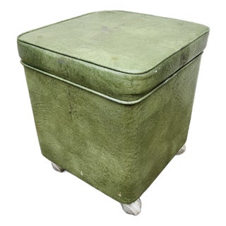 1950s Mid Century Modern Green Vinyl Storage Ottoman Hassock With Casters For Sale