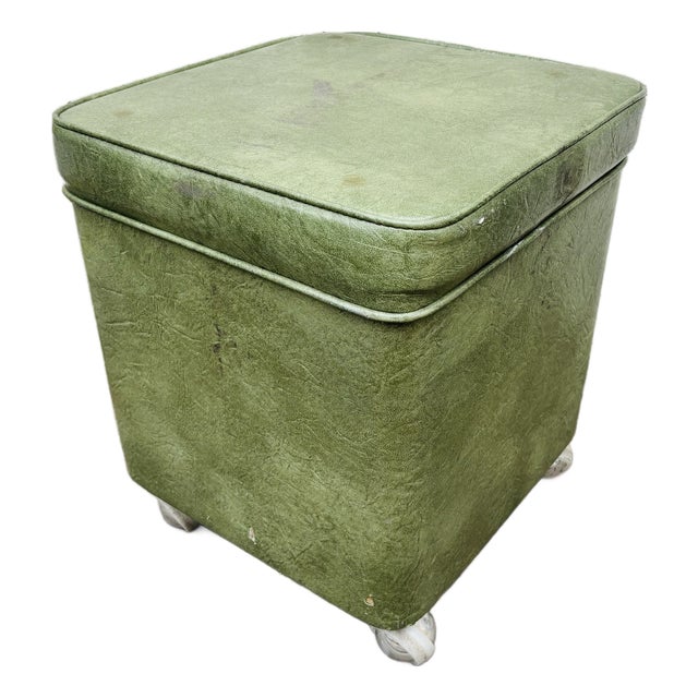 1950s Mid Century Modern Green Vinyl Storage Ottoman Hassock With Casters For Sale