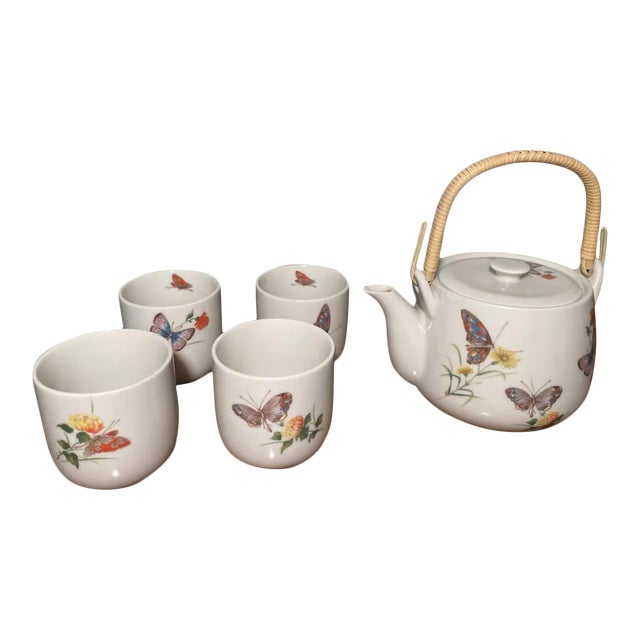 Vintage Takahashi San Francisco Hand-Decorated Dew Butterfly Floral Tea Set- 5 Pieces For Sale