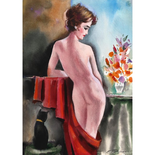 Erik Freyman, Nude With Cat, Watercolor With Pastel For Sale
