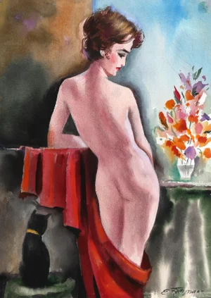 Erik Freyman, Nude With Cat, Watercolor With Pastel