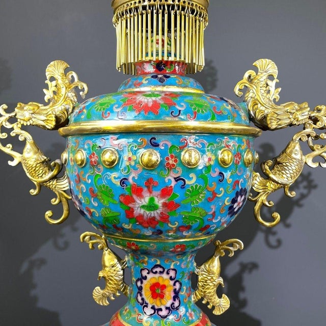 Metal Late 20th Century Pair of Gilt Bronze Cloisonné Enamel Palace Lantern Incense Burners For Sale - Image 7 of 10