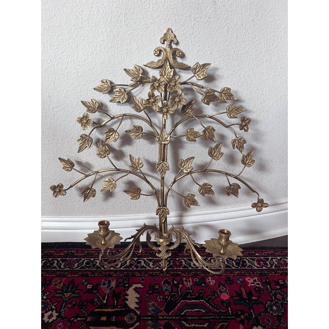 Brass Pair of Hollywood Regency Style Brass and Metal Wall Sconce, Candlestick Holder, Vine Leaves Design, Candelabra For Sale - Image 8 of 12