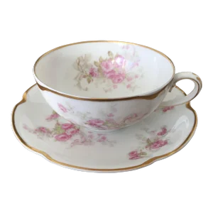 Antique Haviland Limoges Schleiger 228i Pink Roses Flat Tea Cup & Saucer Set With Gold Band