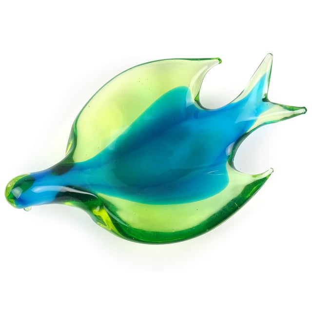 Vintage Murano Glowing Uranium Sommerso Blue Yellow Green Italian Art Glass Bird Shaped Bowl For Sale - Image 9 of 11