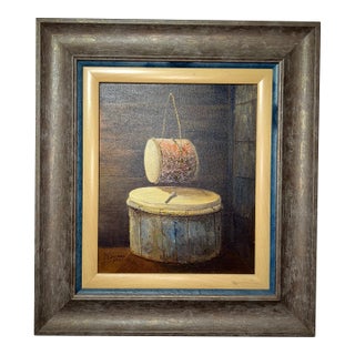 Signed Oil on Canvas Still Life Painting With Drum, Framed For Sale