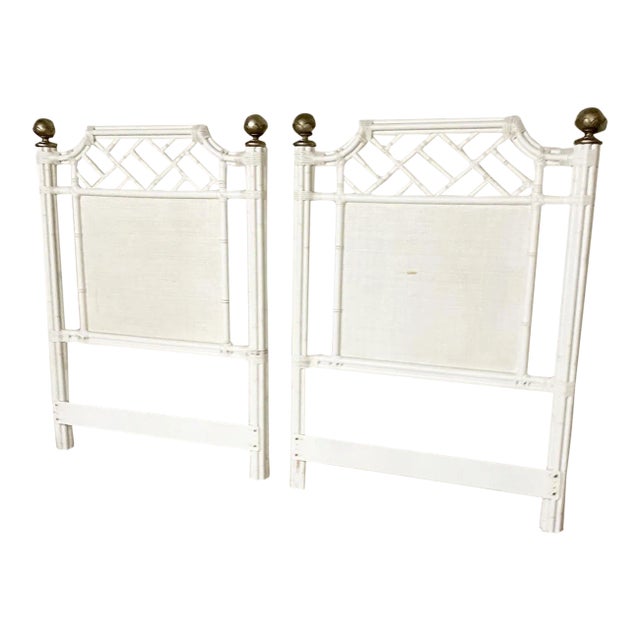 Mid 20th Century Pair of Vintage Chinese Chippendale Rattan Twin Headboards With Antiqued Bronze Finials For Sale