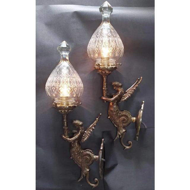 Pair Vintage Art Nouveau Deco light Old Lamp Mermaid Wall Sconces Fixture Brass & Glass Light Lamp Excellent Working...