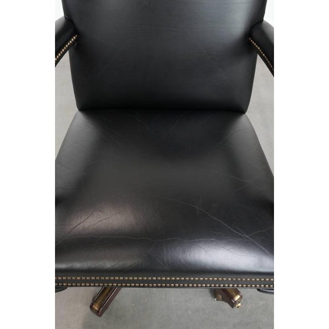 English Style Black Cowhide and Wooden Chesterfield Swivel Office Chair For Sale - Image 6 of 18