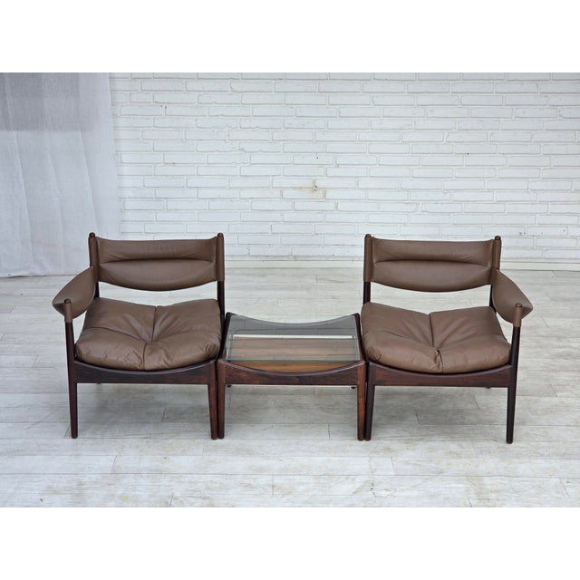 1970s, Danish design by Kristian Vedel. Modular sofa set with side table, model Modus. Furniture leather, teak wood,...