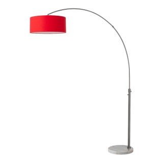 1960s 92" Adjustable Mid Century Floor Lamp - Modern Arc Lamp, Crimson Red Linen Shade, White Mable Base For Sale