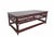 This is a low, rectangular wooden table styled in a classic Chinese traditional aesthetic. It features a deep reddish-...