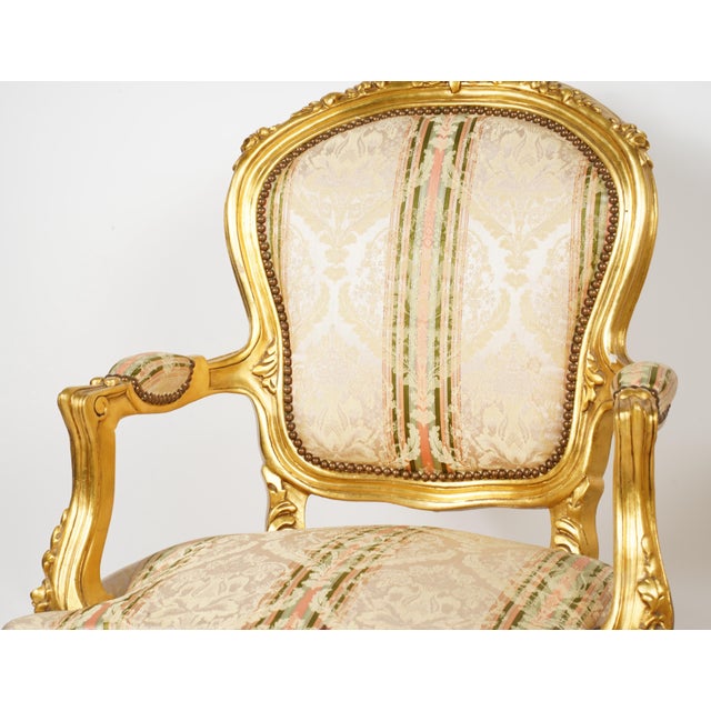 Early 21st Century A Pair of Rococo-Style Giltwood Armchairs New Upholstery & Nailhead Trim For Sale - Image 5 of 10