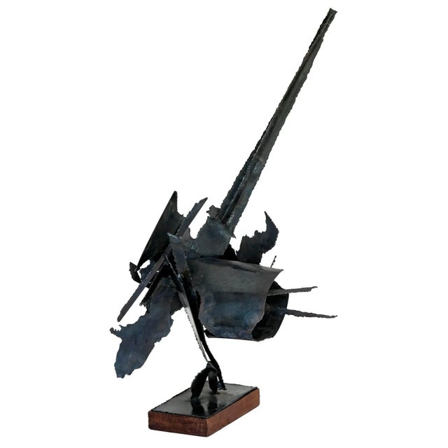 Mid 20th Century Wendell Cullen Hudiburg Brutalist Sculpture, Metal With Wood Base For Sale - Image 4 of 12