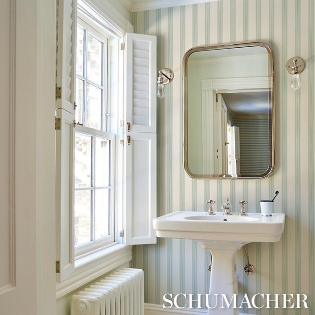 2020s Schumacher Chatham Stripe Wallcovering In Celadon For Sale - Image 5 of 6
